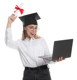 Photo of Happy student with diploma and laptop after graduation on white background