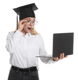 Photo of Excited student with laptop before graduation on white background