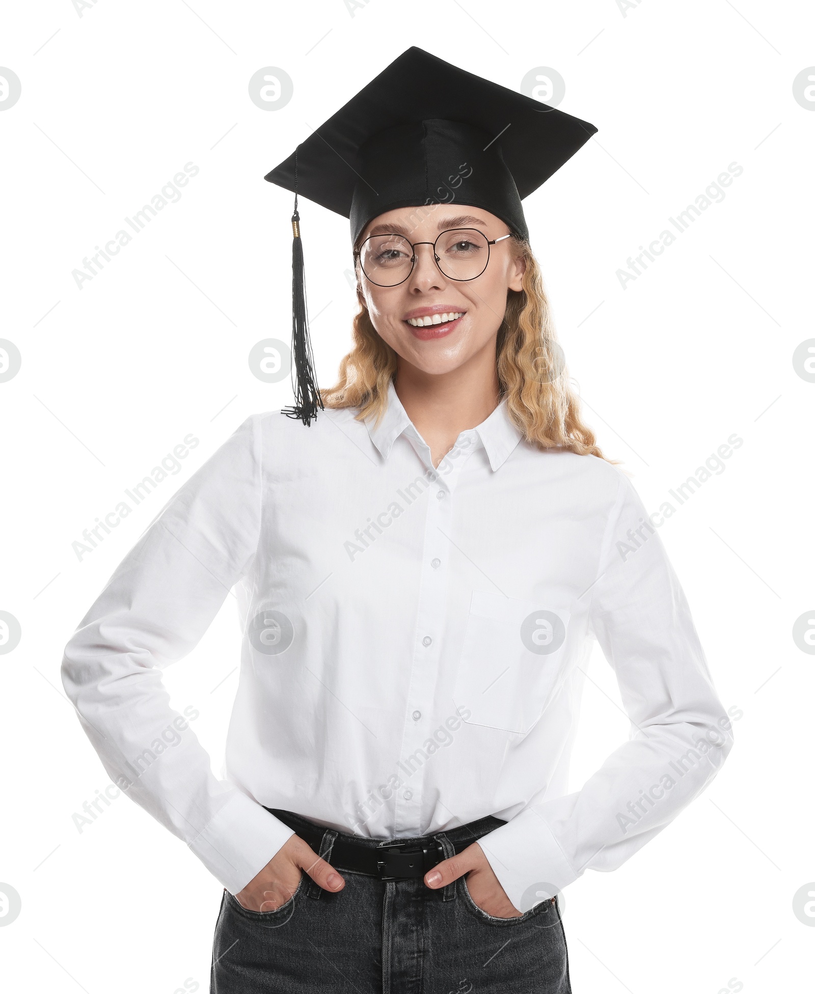 Photo of Happy student after graduation on white background