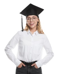 Photo of Happy student after graduation on white background