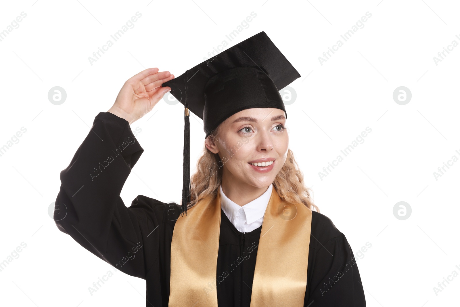 Happy student after graduation on white background Photo of Happy student after graduation on white background