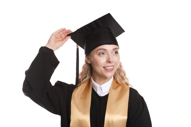 Photo of Happy student after graduation on white background
