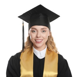 Photo of Happy student after graduation on white background