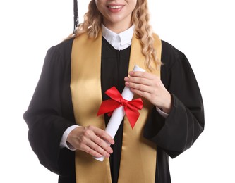 Photo of Happy student with diploma after graduation on white background, closeup