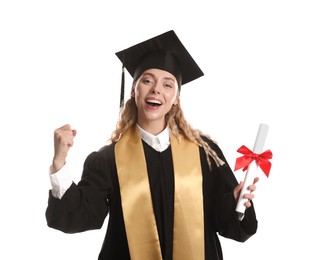 Photo of Happy student with diploma after graduation on white background