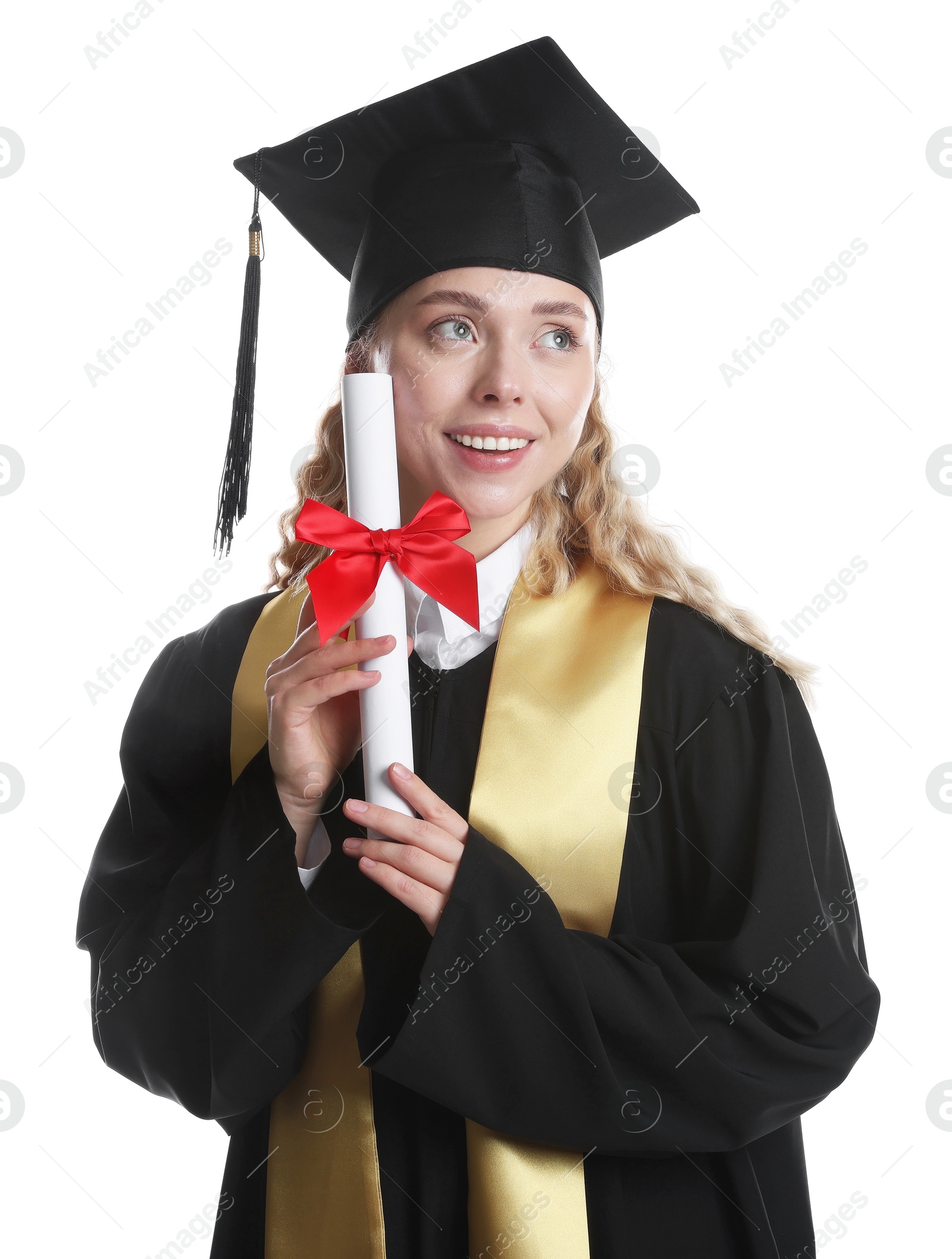 Photo of Happy student with diploma after graduation on white background