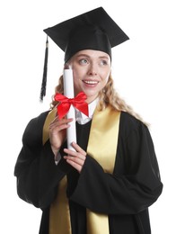 Photo of Happy student with diploma after graduation on white background