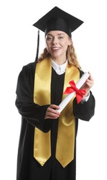Photo of Happy student with diploma after graduation on white background