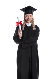 Photo of Happy student with diploma after graduation on white background