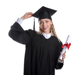 Photo of Happy student with diploma after graduation on white background