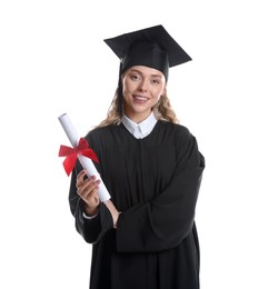 Photo of Happy student with diploma after graduation on white background