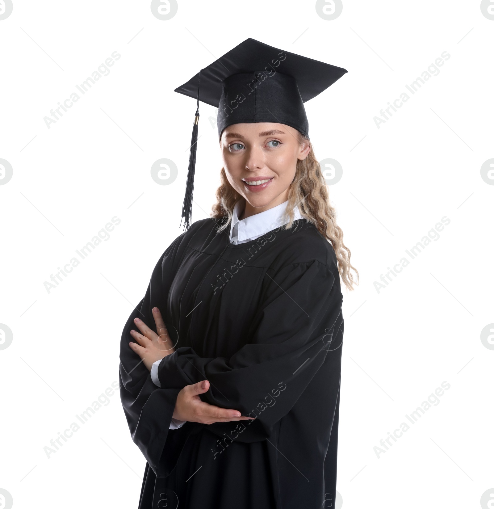 Happy student after graduation on white background Photo of Happy student after graduation on white background