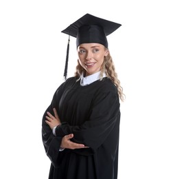 Photo of Happy student after graduation on white background