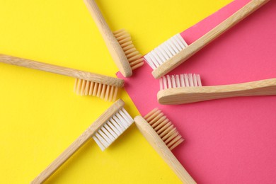Photo of Different toothbrushes on color background, flat lay