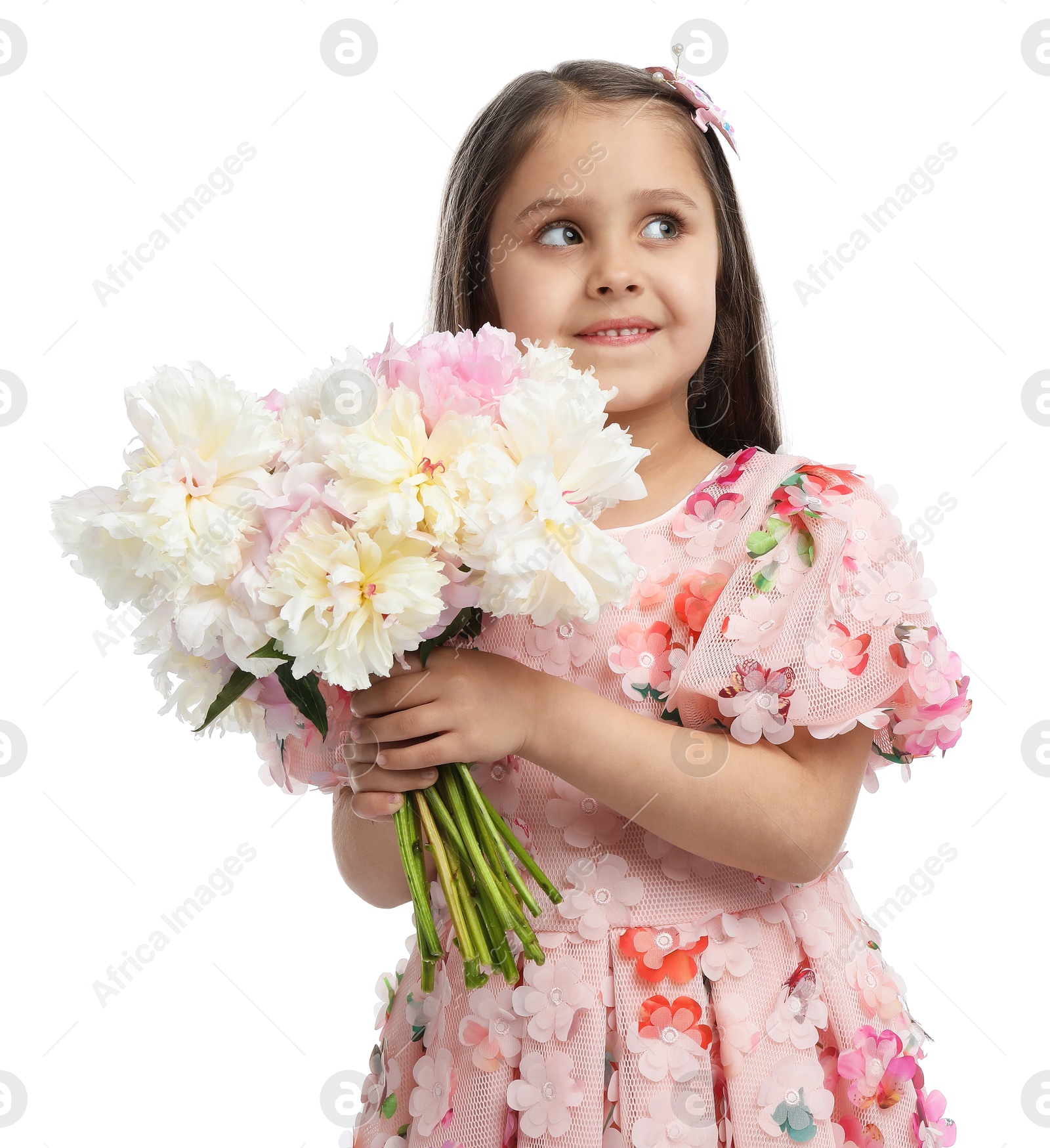 Cute little girl with bouquet of beautiful peonies on white background Photo of Cute little girl with bouquet of beautiful peonies on white background