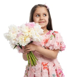 Photo of Cute little girl with bouquet of beautiful peonies on white background
