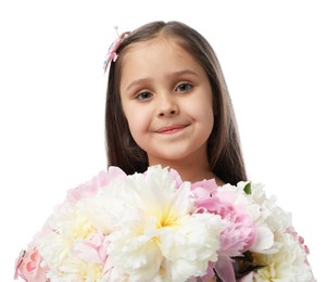 Photo of Cute little girl with bouquet of beautiful peonies on white background