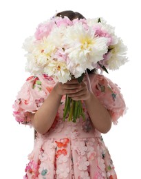 Photo of Little girl with bouquet of beautiful peonies on white background