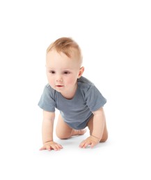 Photo of Cute little baby crawling on white background