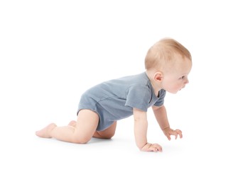 Photo of Cute little baby crawling on white background