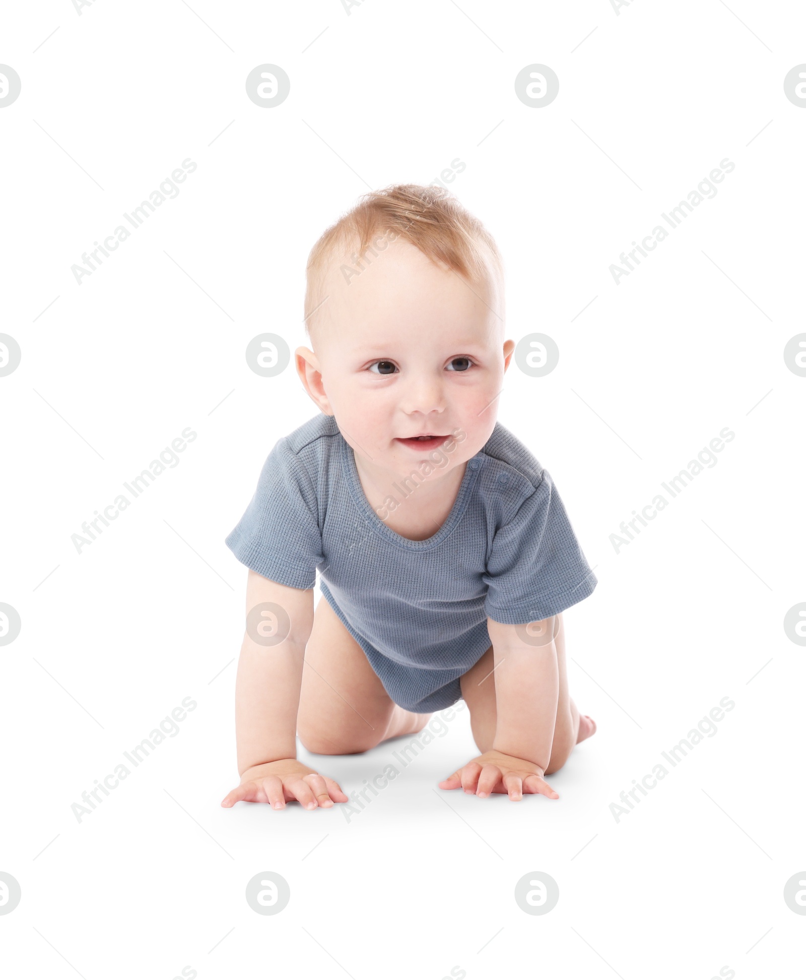 Cute little baby crawling on white background Photo of Cute little baby crawling on white background