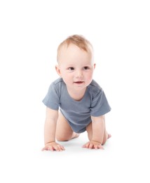 Photo of Cute little baby crawling on white background