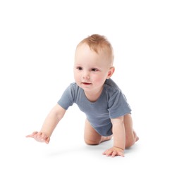 Photo of Cute little baby crawling on white background