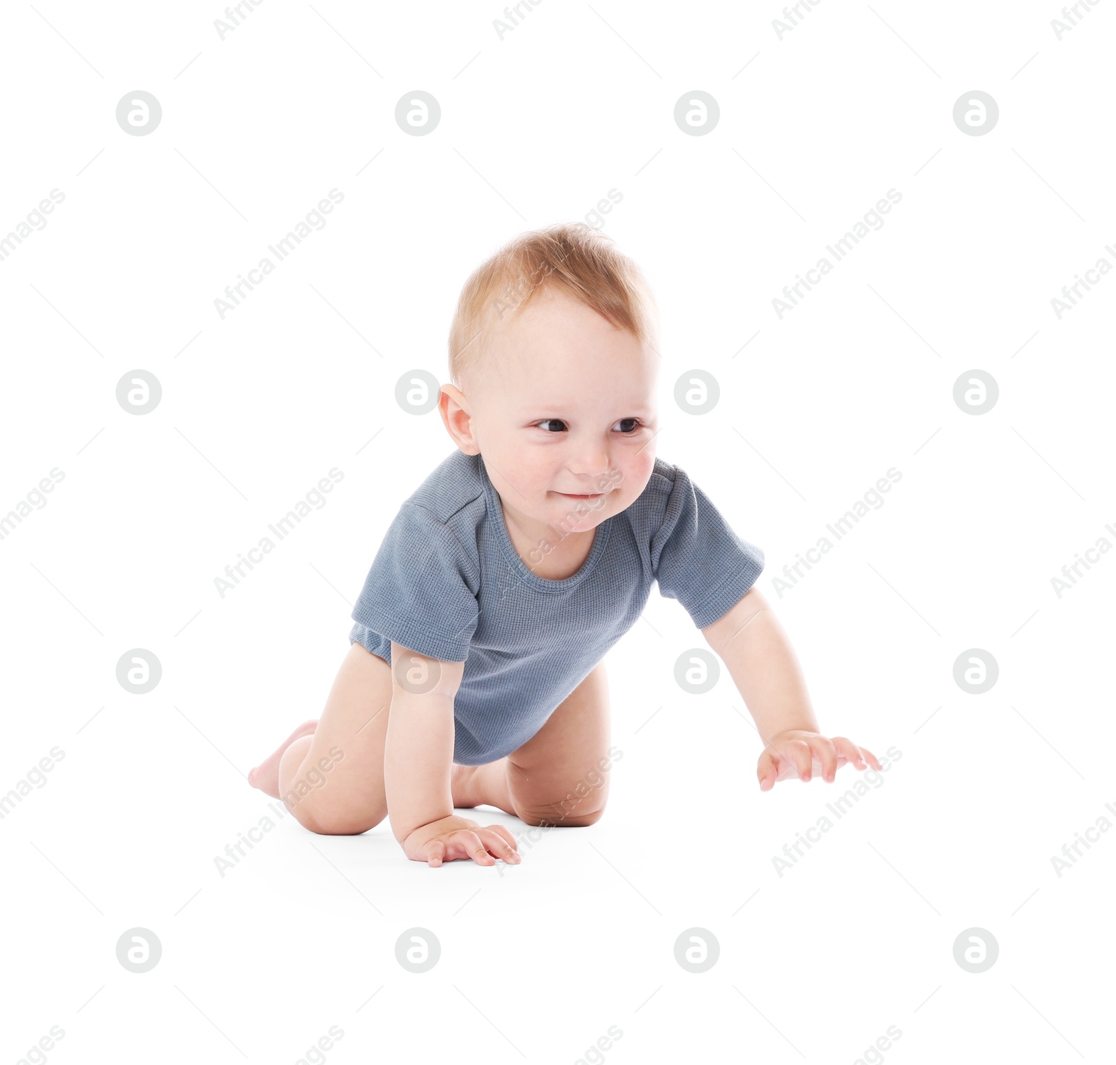 Cute little baby crawling on white background Photo of Cute little baby crawling on white background