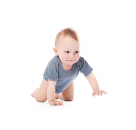Photo of Cute little baby crawling on white background