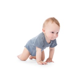 Photo of Cute little baby crawling on white background
