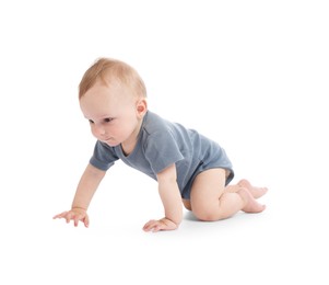 Photo of Cute little baby crawling on white background