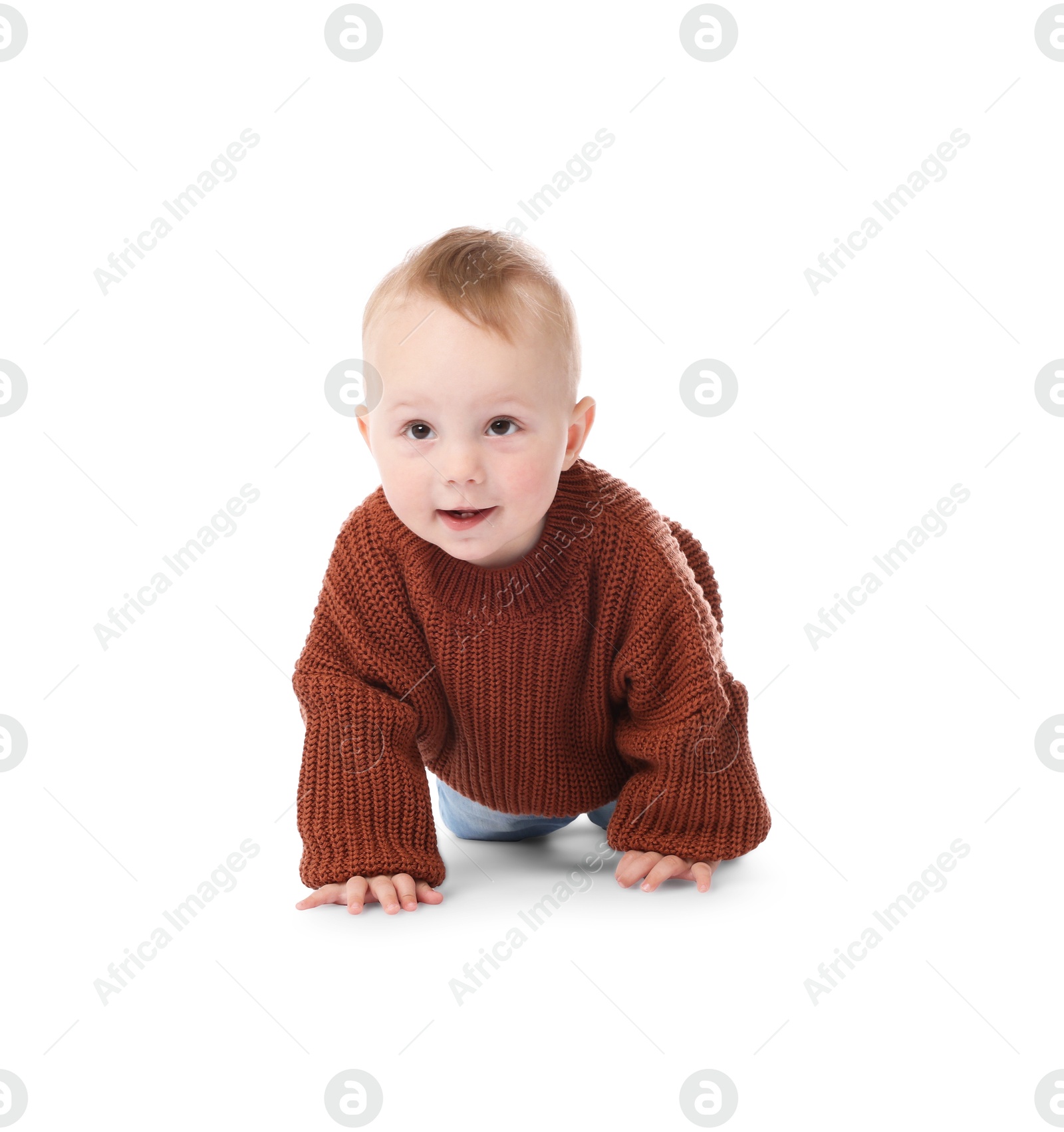 Cute little baby crawling on white background Photo of Cute little baby crawling on white background