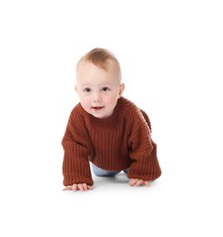 Photo of Cute little baby crawling on white background