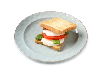 Photo of Tasty sandwich with mozzarella cheese, tomato and basil on white background