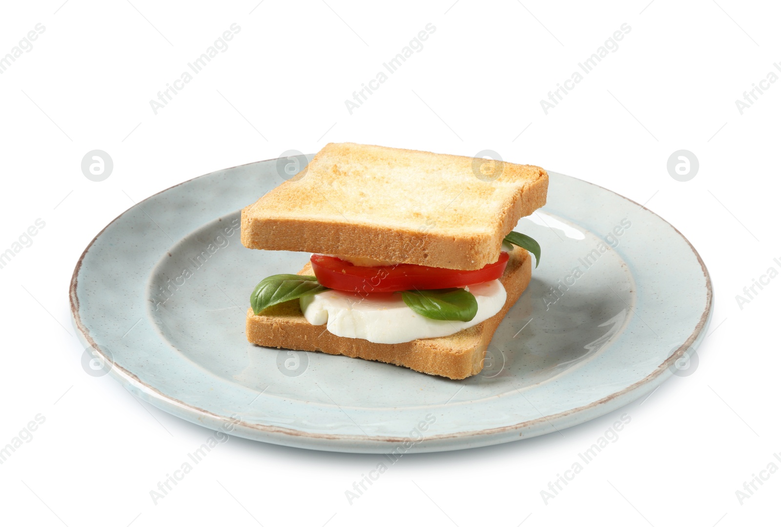 Tasty sandwich with mozzarella cheese, tomato and basil on white background Photo of Tasty sandwich with mozzarella cheese, tomato and basil on white background