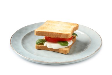 Photo of Tasty sandwich with mozzarella cheese, tomato and basil on white background