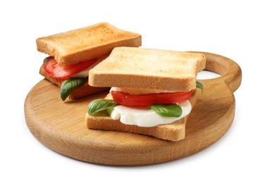 Photo of Tasty sandwiches with mozzarella cheese, tomatoes and basil on white background