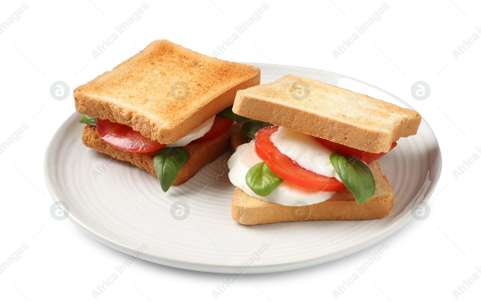 Photo of Tasty sandwiches with mozzarella cheese, tomatoes and basil on white background