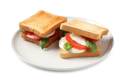 Photo of Tasty sandwiches with mozzarella cheese, tomatoes and basil on white background