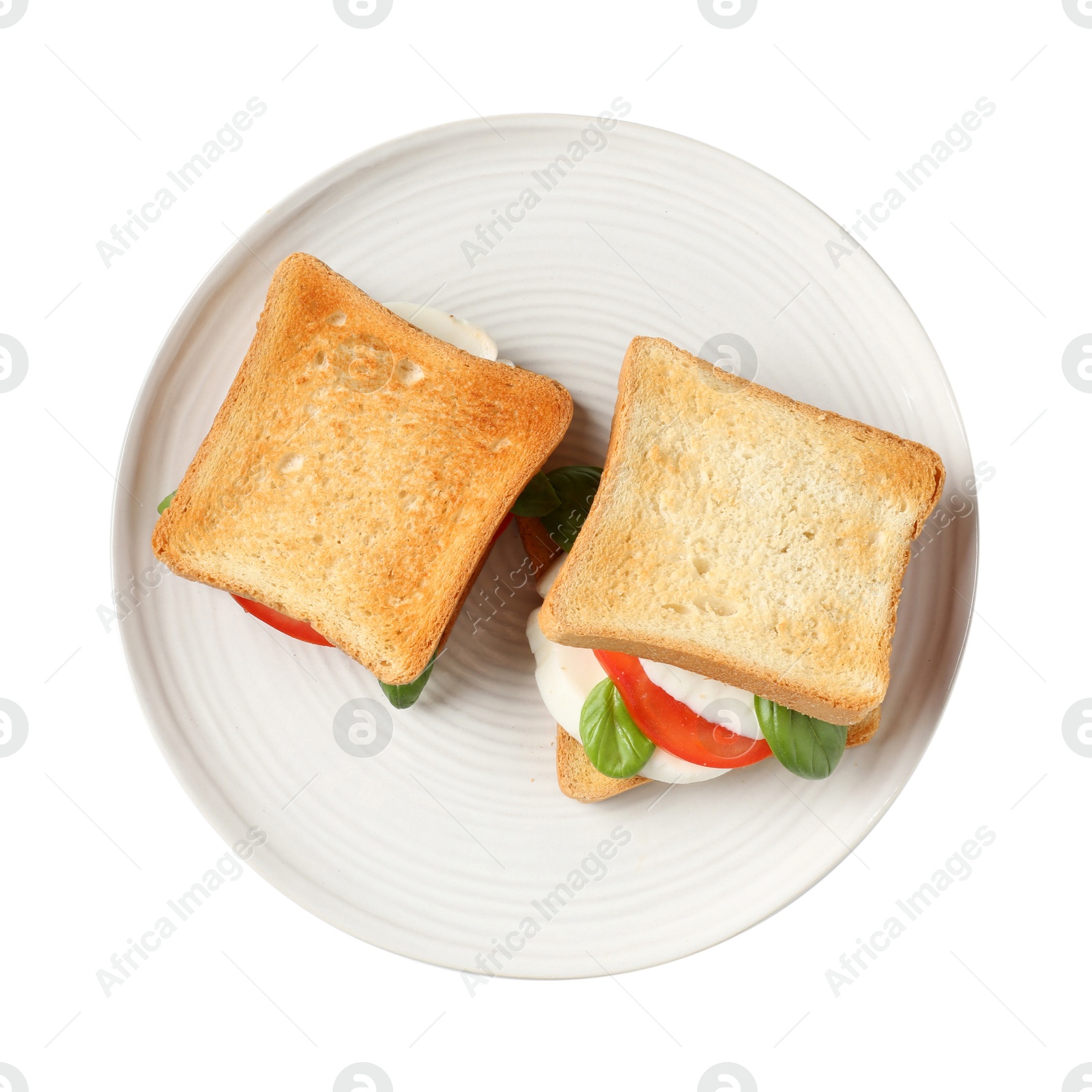 Photo of Tasty sandwiches with mozzarella cheese, tomatoes and basil on white background, top view