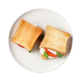 Photo of Tasty sandwiches with mozzarella cheese, tomatoes and basil on white background, top view