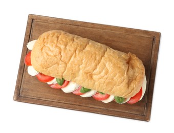 Photo of Tasty sandwich with mozzarella cheese, tomatoes and basil isolated on white, top view