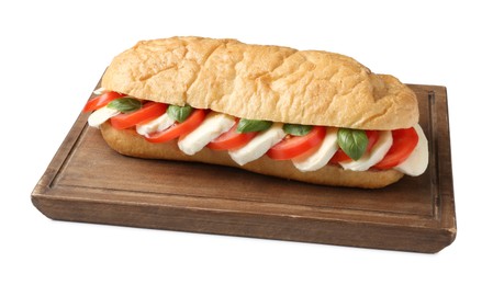 Photo of Tasty sandwich with mozzarella cheese, tomatoes and basil isolated on white