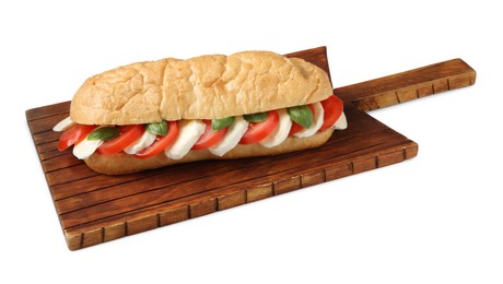 Photo of Tasty sandwich with mozzarella cheese, tomatoes and basil isolated on white