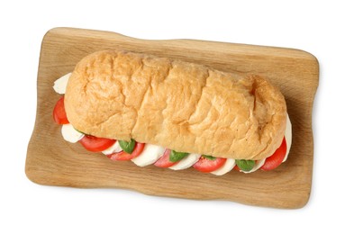 Photo of Tasty sandwich with mozzarella cheese, tomatoes and basil isolated on white, top view