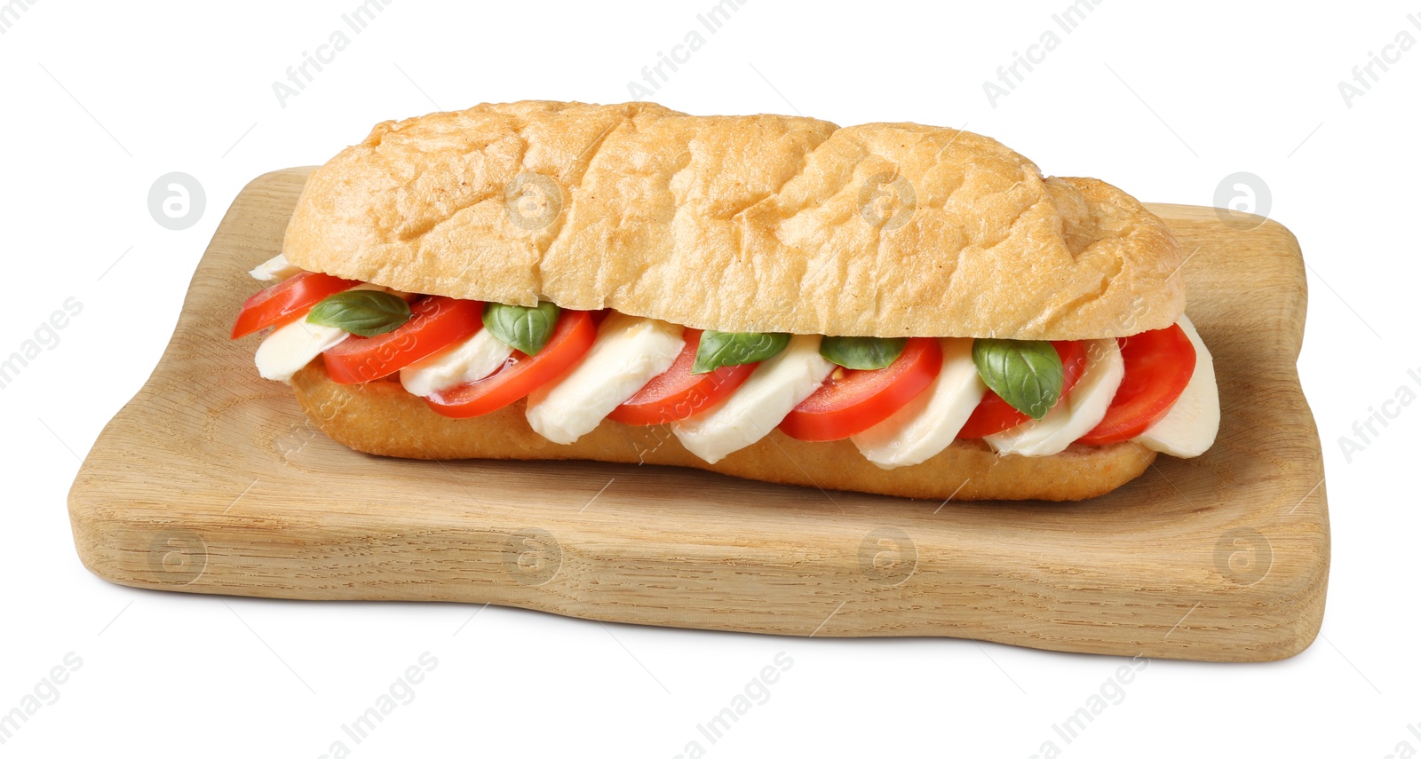 Tasty sandwich with mozzarella cheese, tomatoes and basil isolated on white Photo of Tasty sandwich with mozzarella cheese, tomatoes and basil isolated on white
