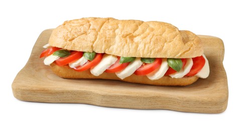 Photo of Tasty sandwich with mozzarella cheese, tomatoes and basil isolated on white