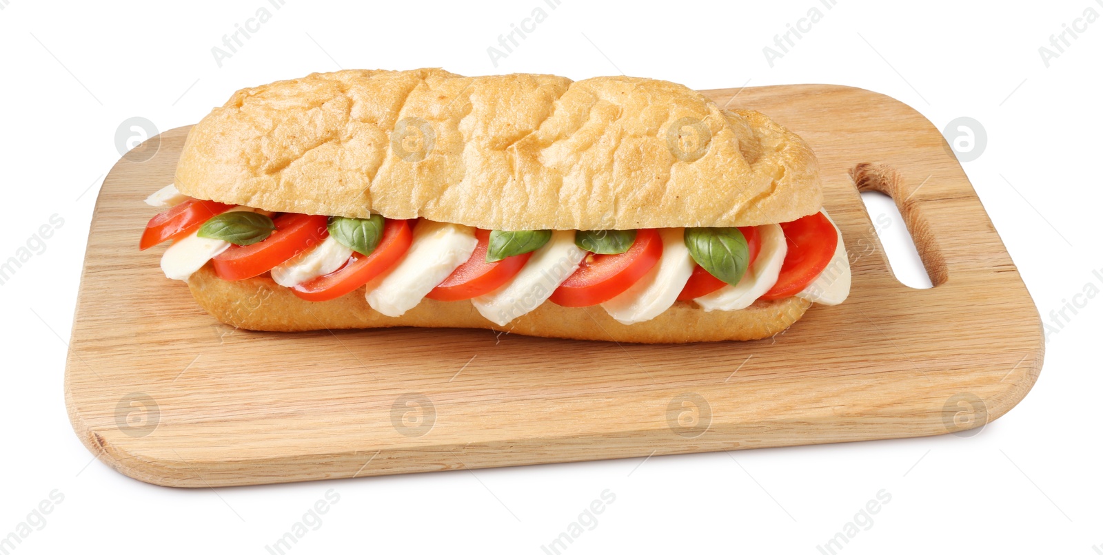 Tasty sandwich with mozzarella cheese, tomatoes and basil isolated on white Photo of Tasty sandwich with mozzarella cheese, tomatoes and basil isolated on white