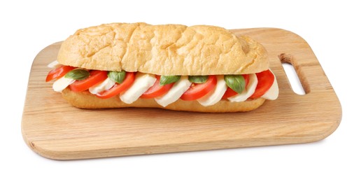Photo of Tasty sandwich with mozzarella cheese, tomatoes and basil isolated on white