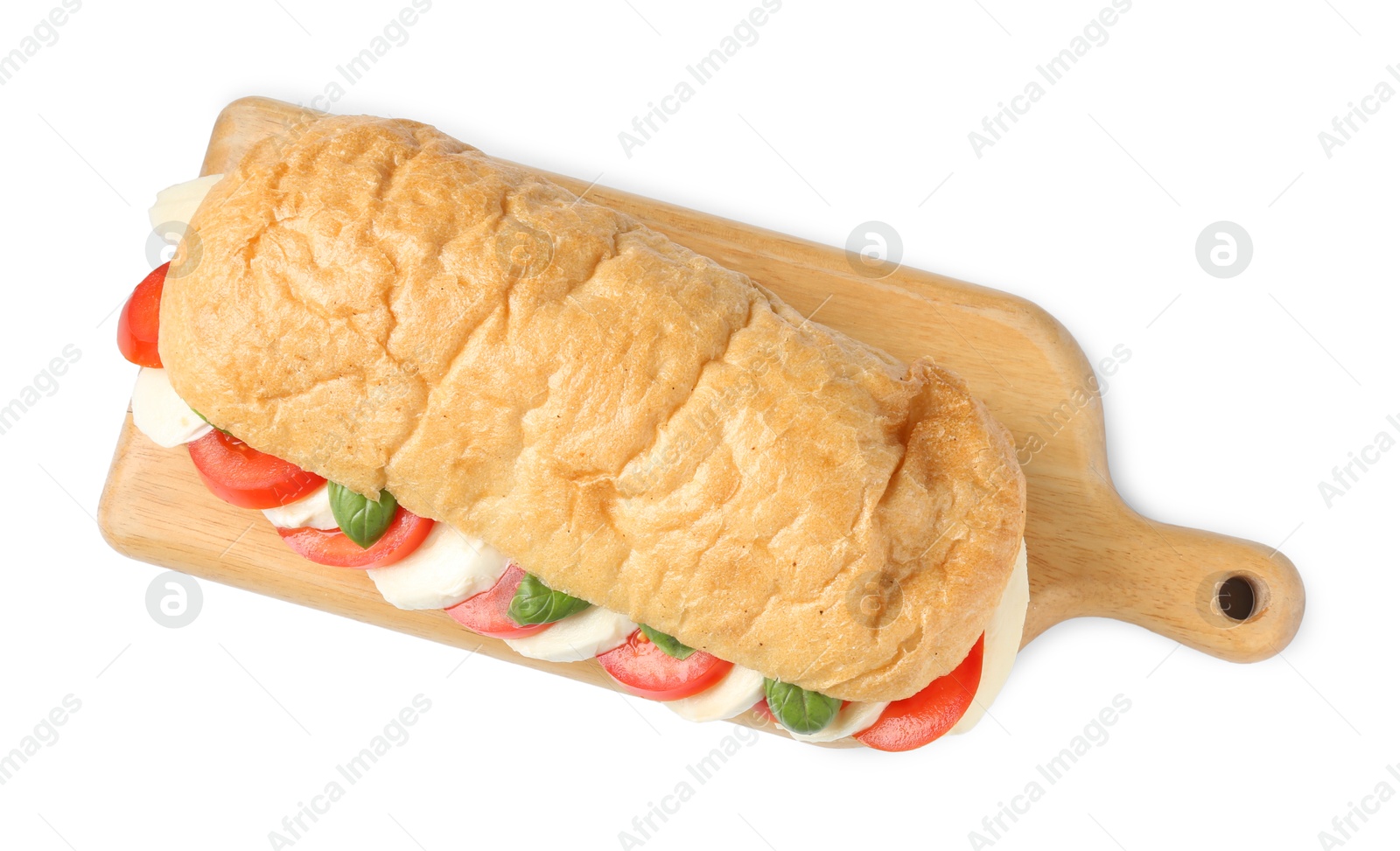 Tasty sandwich with mozzarella cheese, tomatoes and basil isolated on white, top view Photo of Tasty sandwich with mozzarella cheese, tomatoes and basil isolated on white, top view